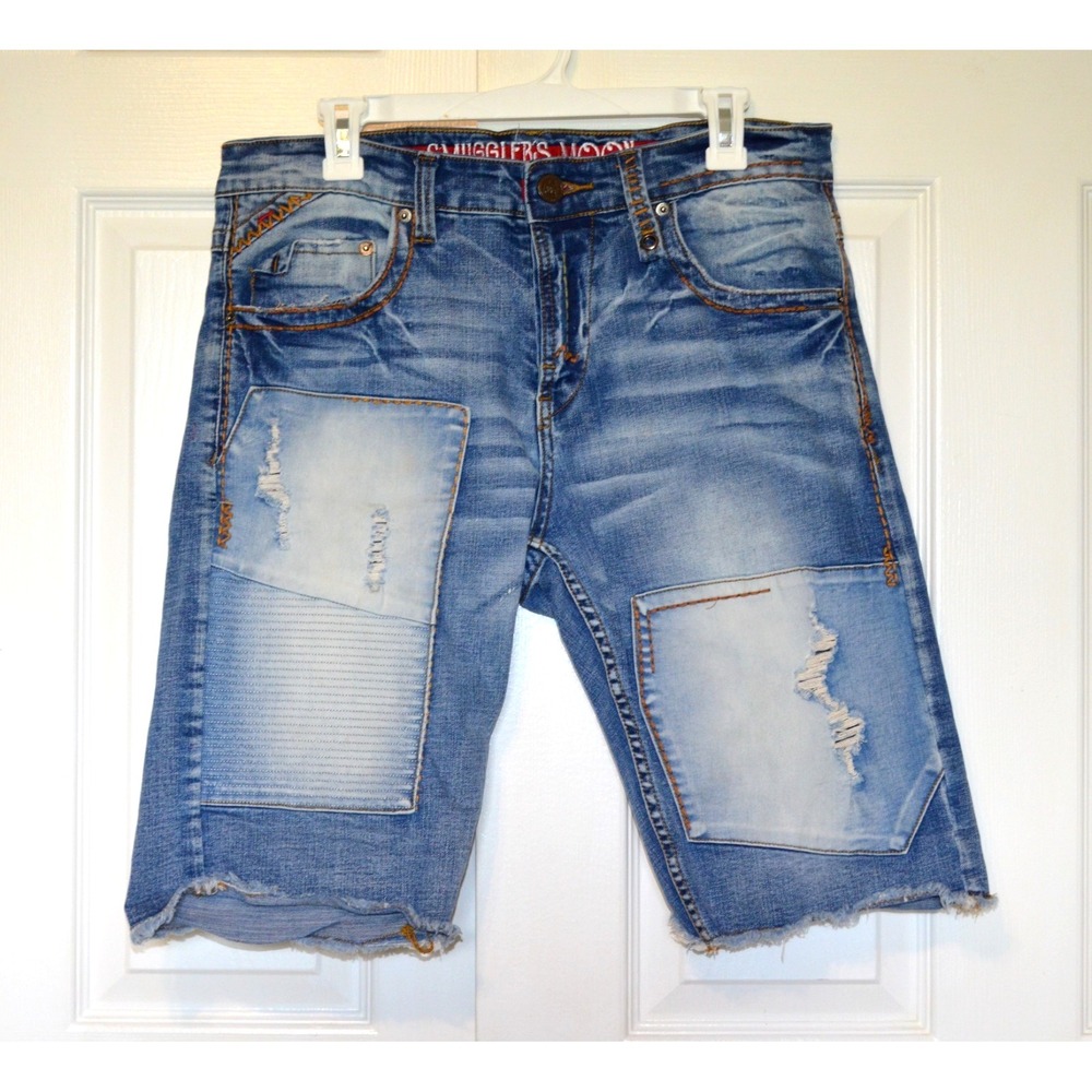 Smugglers Moon Jeans Shorts Mens 34 Blue Denim Distressed Cargo Buckle